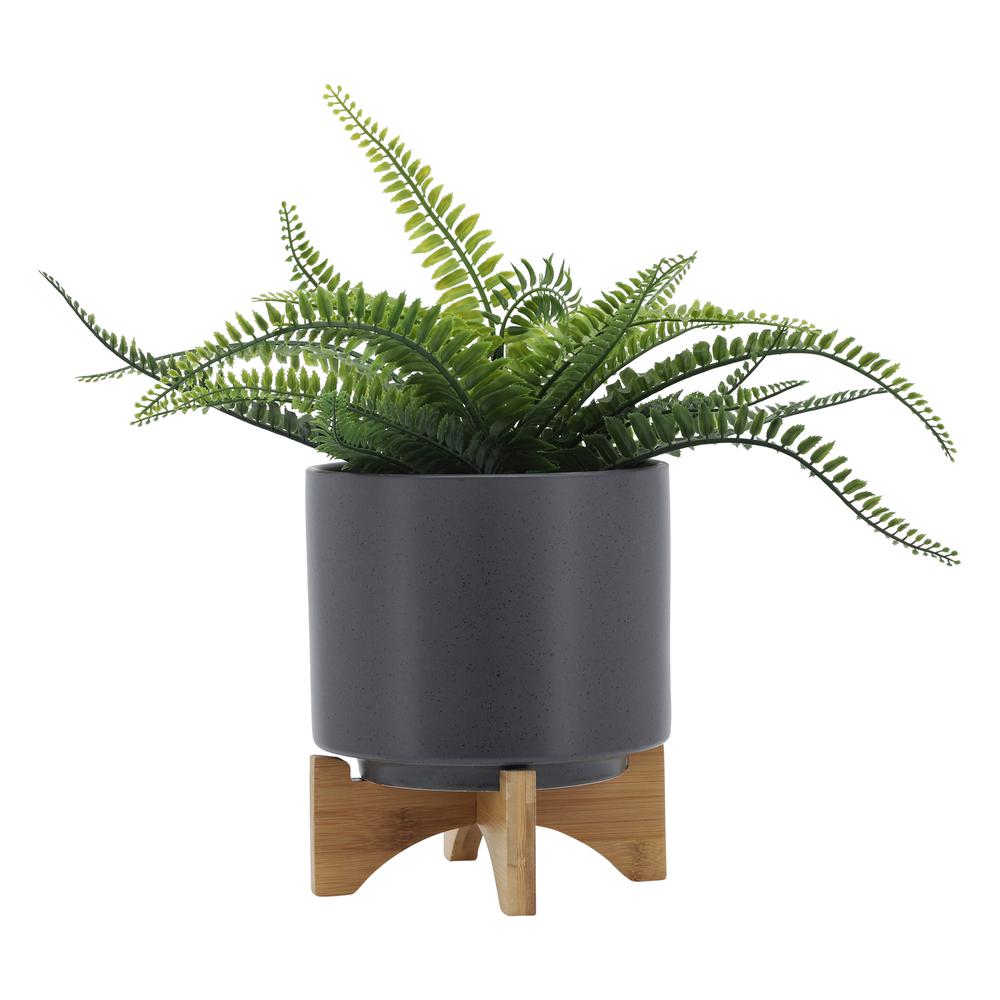 8" Planter W/ Wood Stand, Matte Gray. Picture 3
