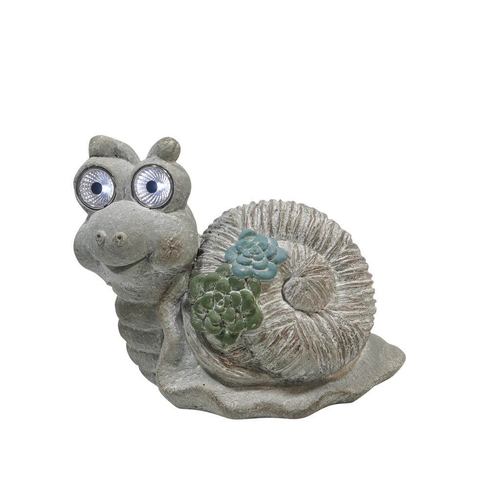 12" Snail With Succulents And Solar Eyes, Grey. Picture 1