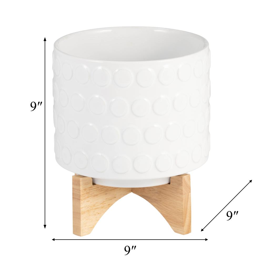 Ceramic 8" Planter On Wooden Stand, White. Picture 9