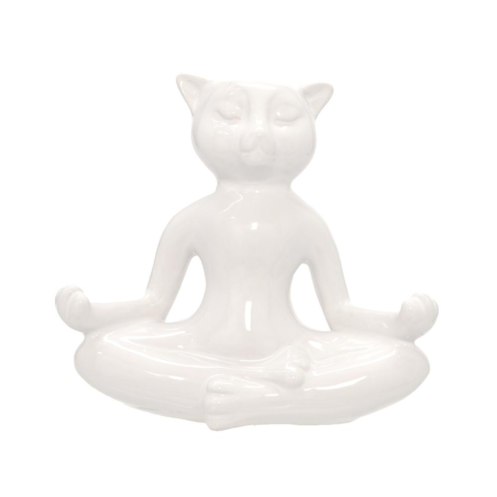 Ceramic 7" Yoga Cat, White. Picture 1