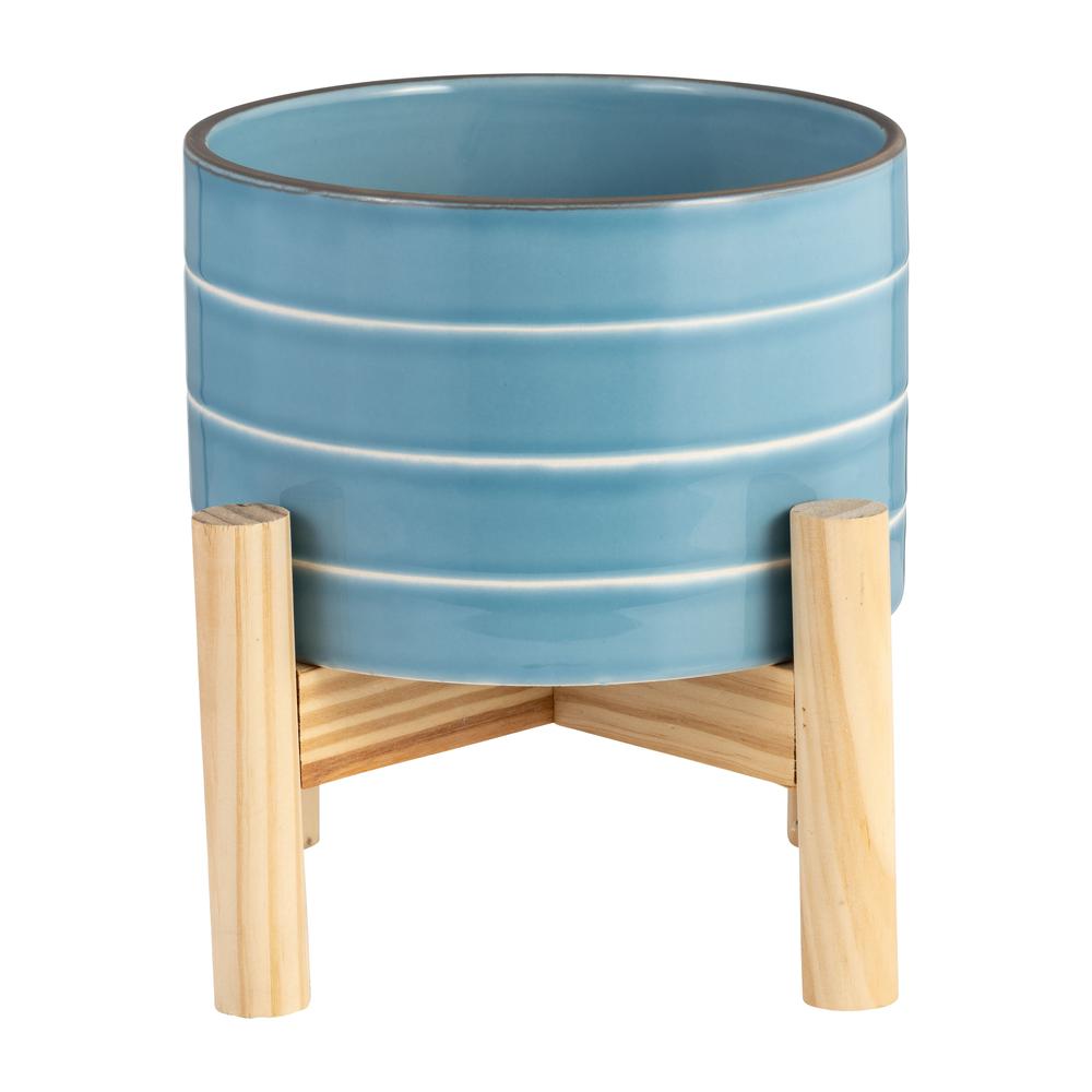 6" Striped Planter W/ Wood Stand, Skyblue. Picture 2