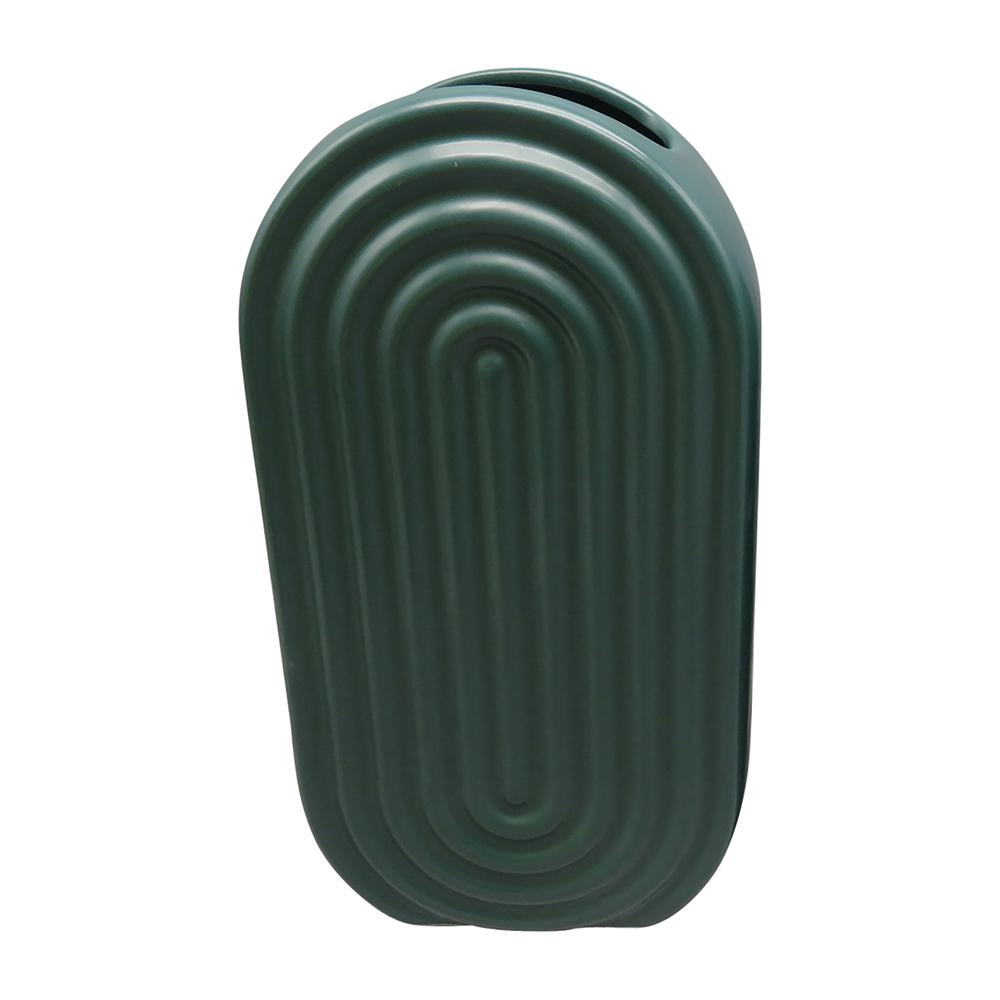 Cer, 11" Oval Ridged Vase, Deep Teal. Picture 1