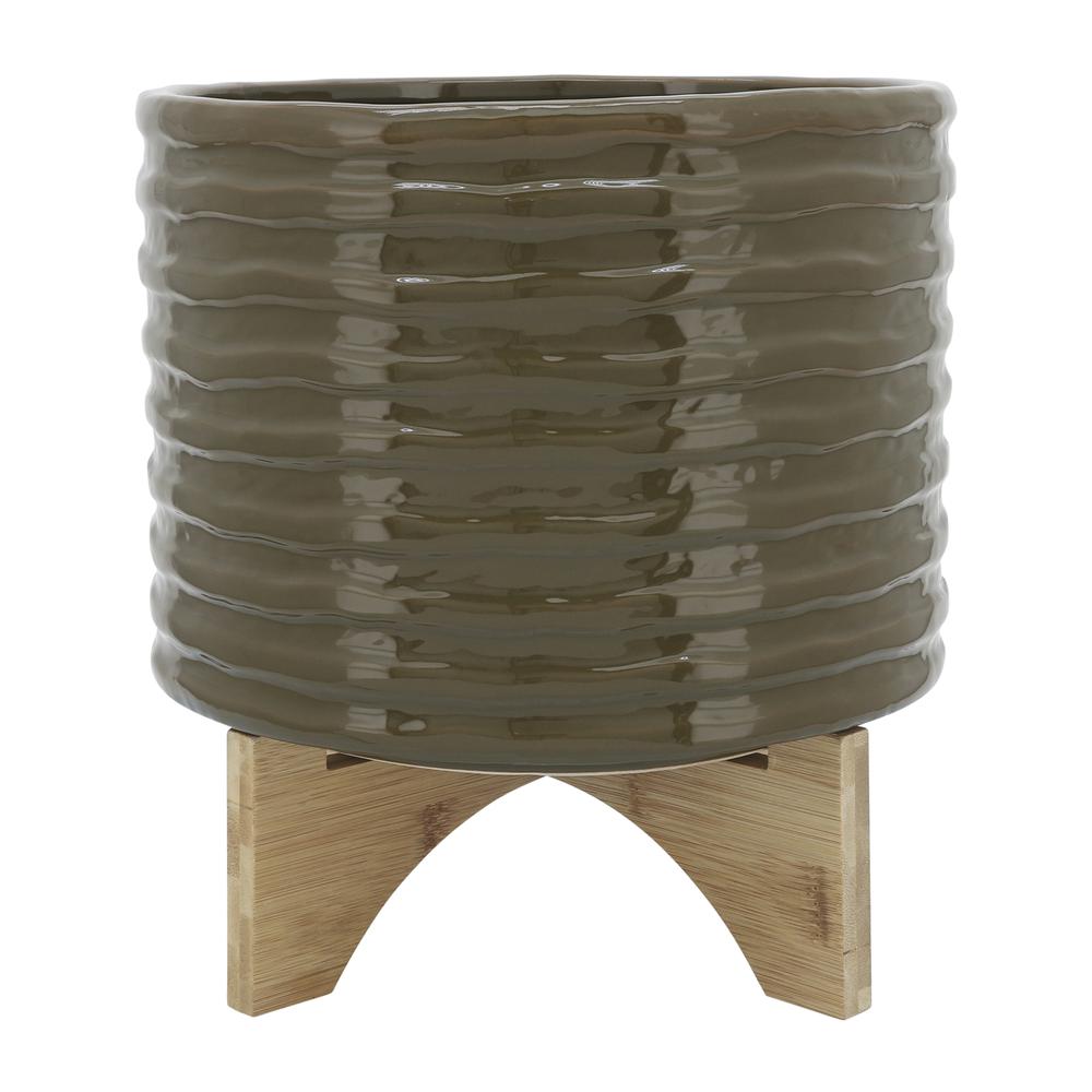 Cer, 11" Textured Planter W/ Stand, Olive. Picture 1