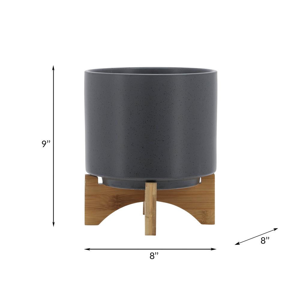 8" Planter W/ Wood Stand, Matte Gray. Picture 8