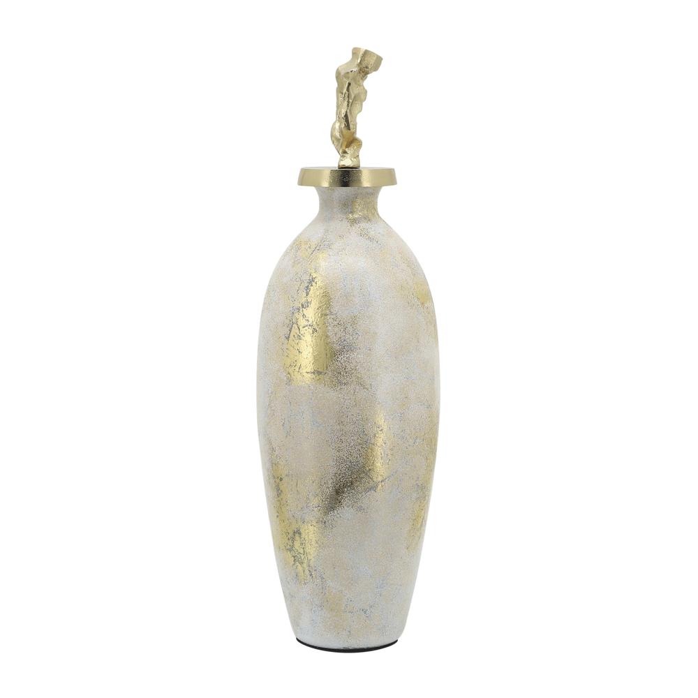 Glass, 23"h Metal Vase Tribal Topper,  White/gold. Picture 5
