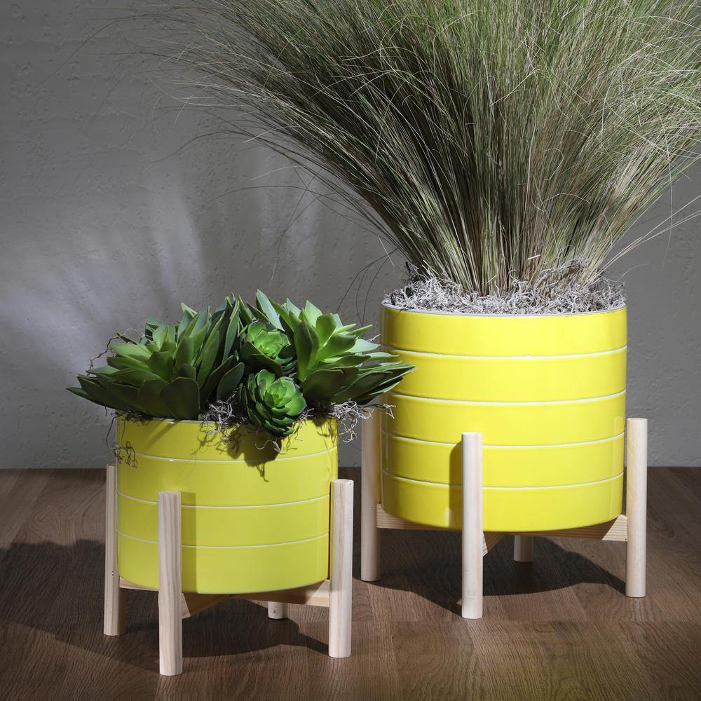 8" Striped Planter W/ Wood Stand, Yellow. Picture 4