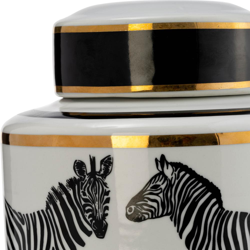 Cer, 12"h Zebra Jar W/ Lid, White/gold. Picture 8