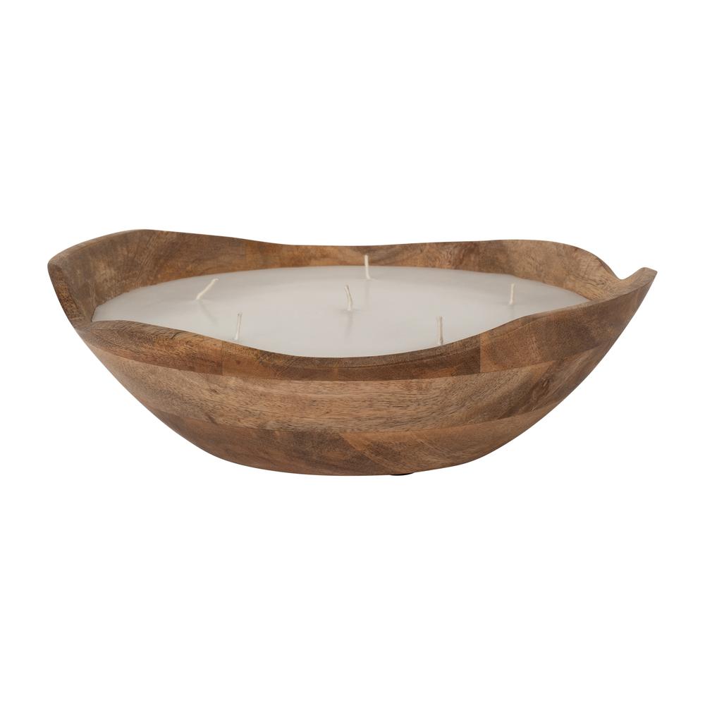 9" 14 Oz Vanilla Curvy Wood Bowl Candle, Natural. Picture 1