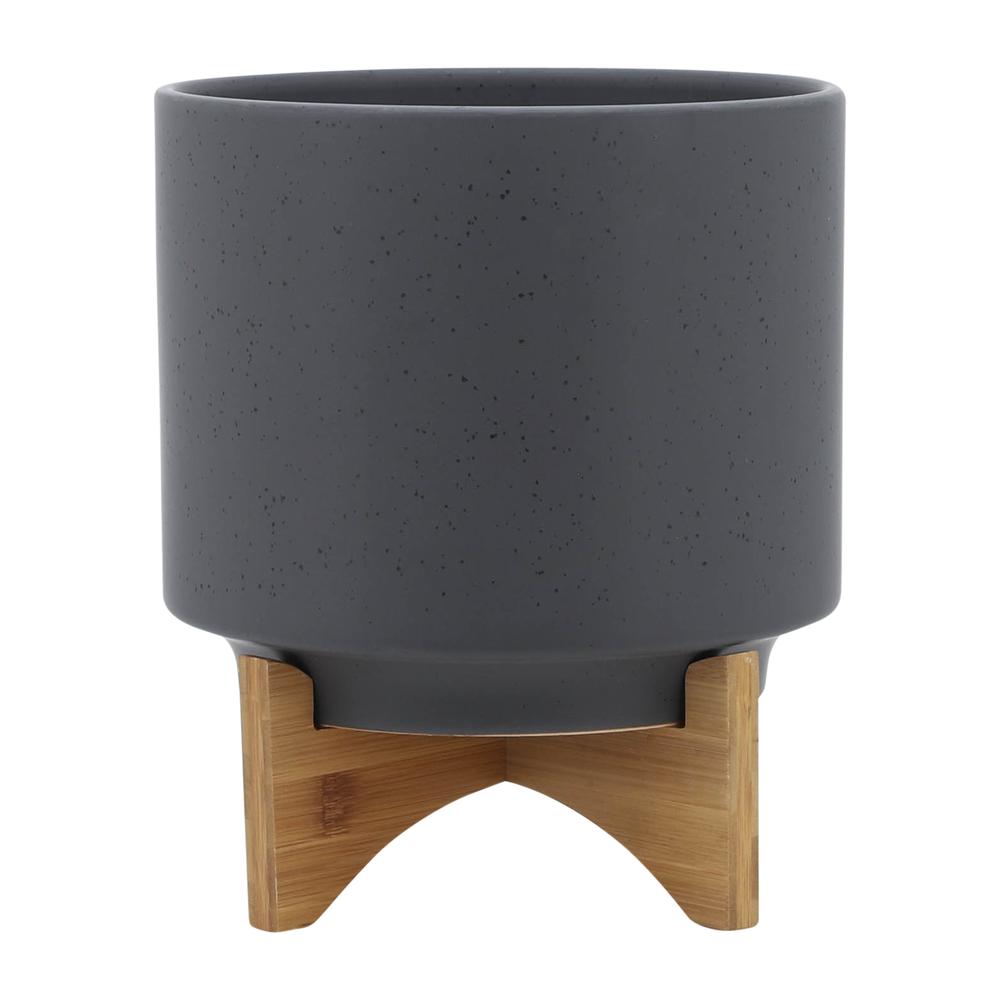 10" Planter W/ Wood Stand, Matte Gray. Picture 1