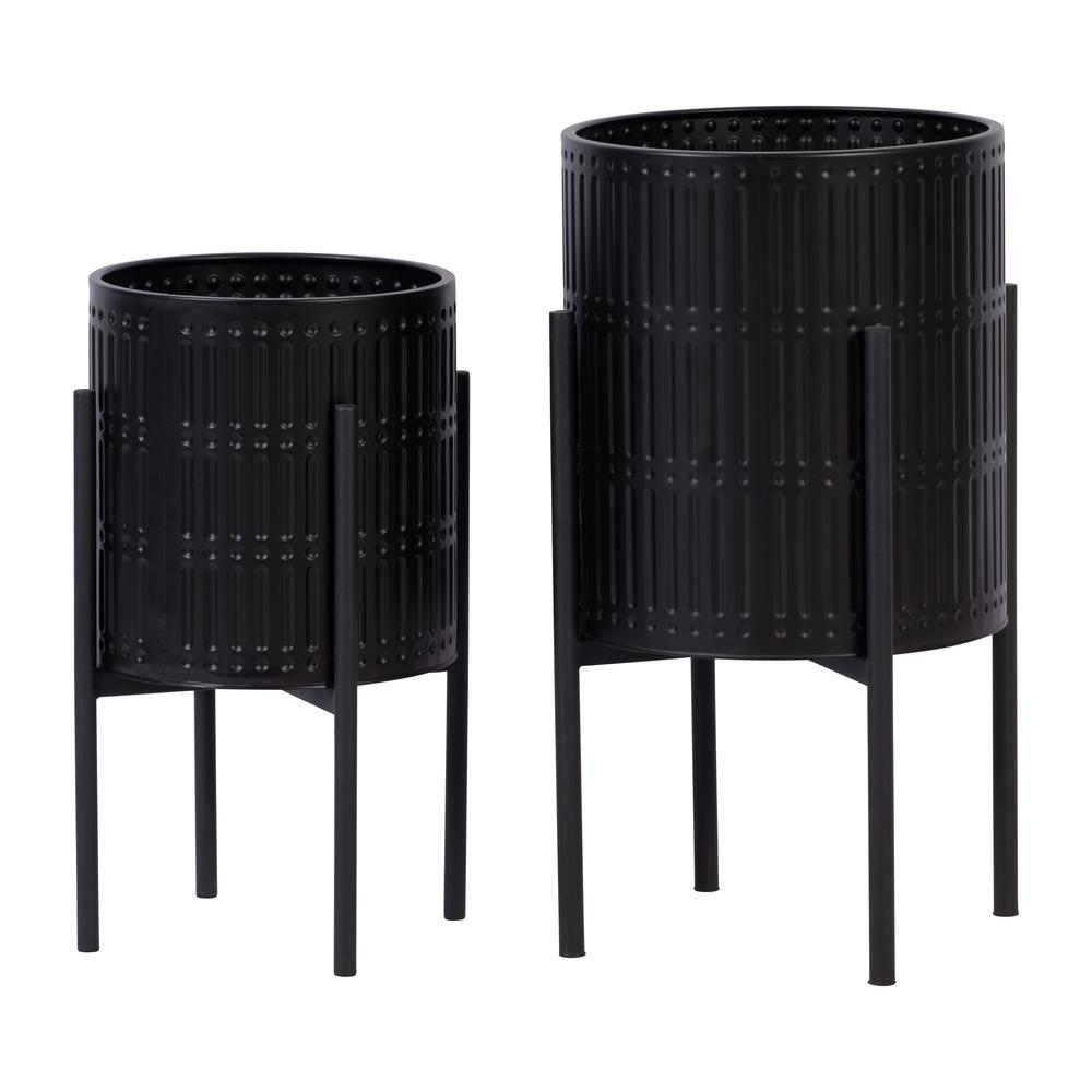 S/2 Ridged Planters In Metal Stand, Black. Picture 1