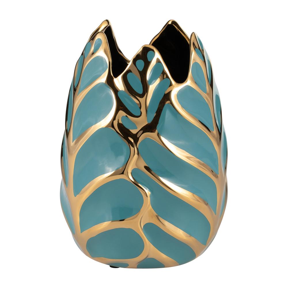 Ceramic 8"h Leaf Vase, Turquoise/gold. Picture 2