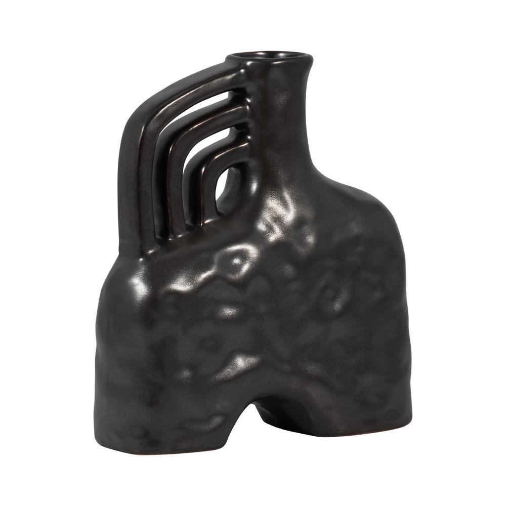 Cer, 8" Metallic Triple Handle Vase, Black. Picture 2