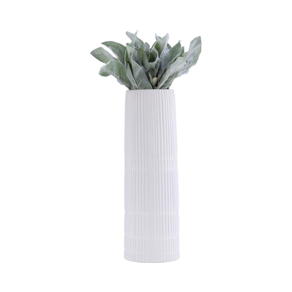 Cer, 15"h Lined Cylinder Vase, White. Picture 3