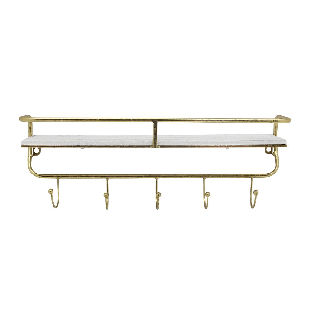 Metal/wood 20" 5  Hook Wall Shelf, White/gold. Picture 1