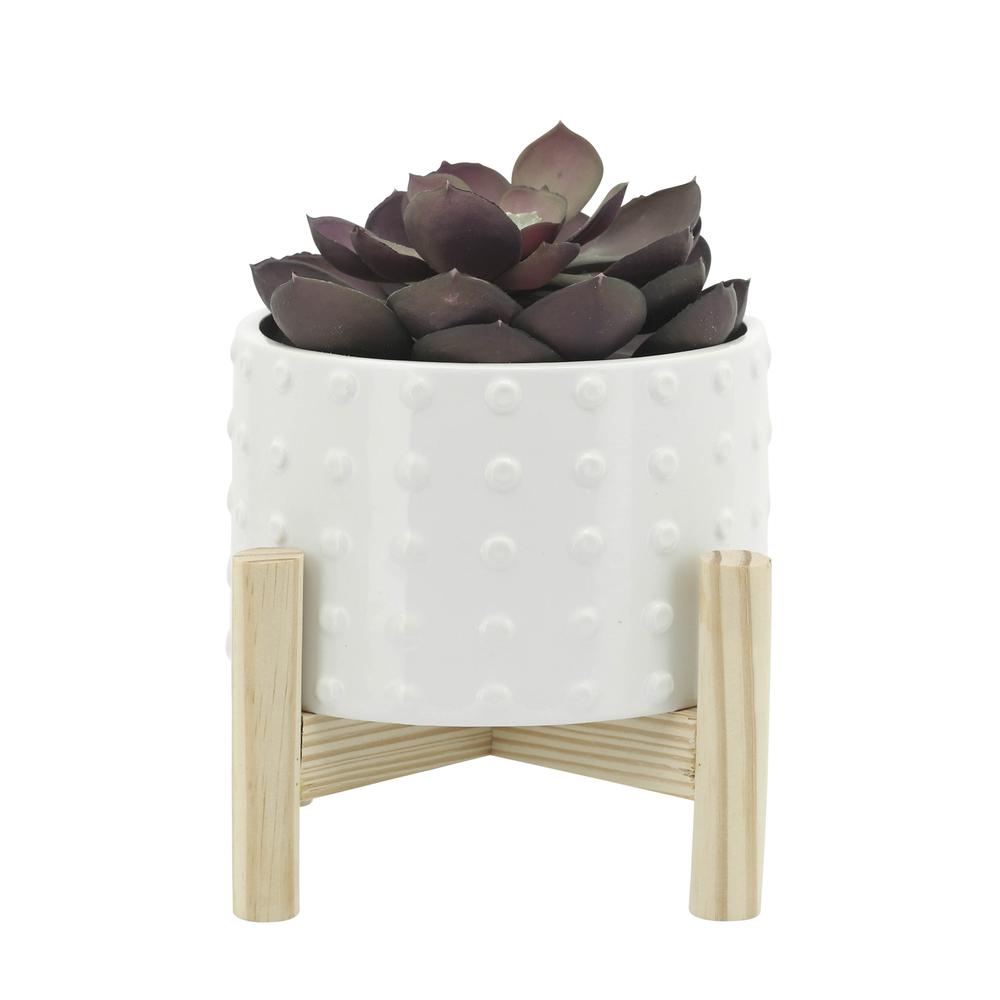 6" Ceramic Dotted Planter W/ Wood Stand, White. Picture 2