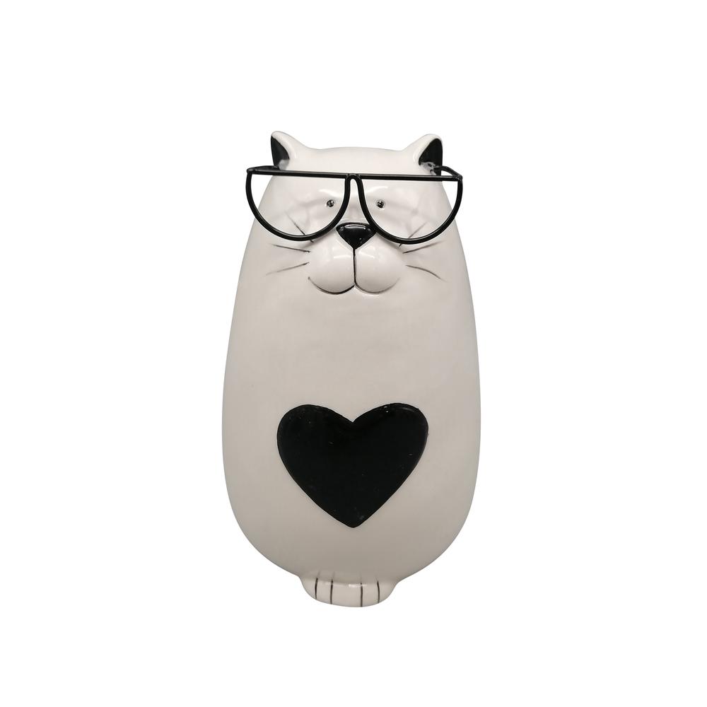 6" Heart Tummy Kitty With Glasses, White/black. Picture 1
