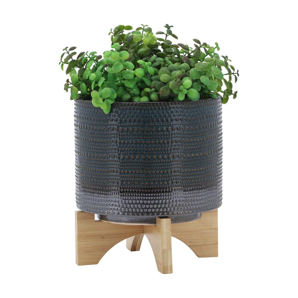 8" Dotted Planter W/ Wood Stand, Green. Picture 3