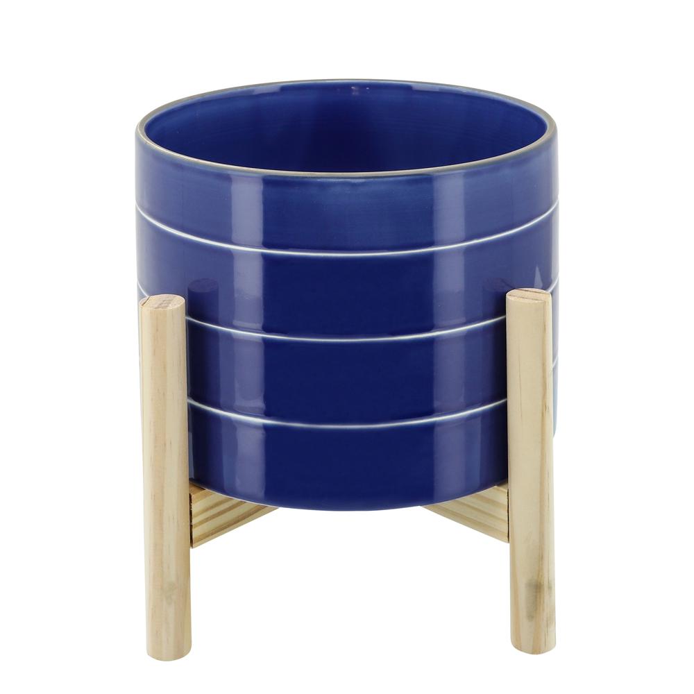 8" Striped Planter W/ Wood Stand, Navy. Picture 1
