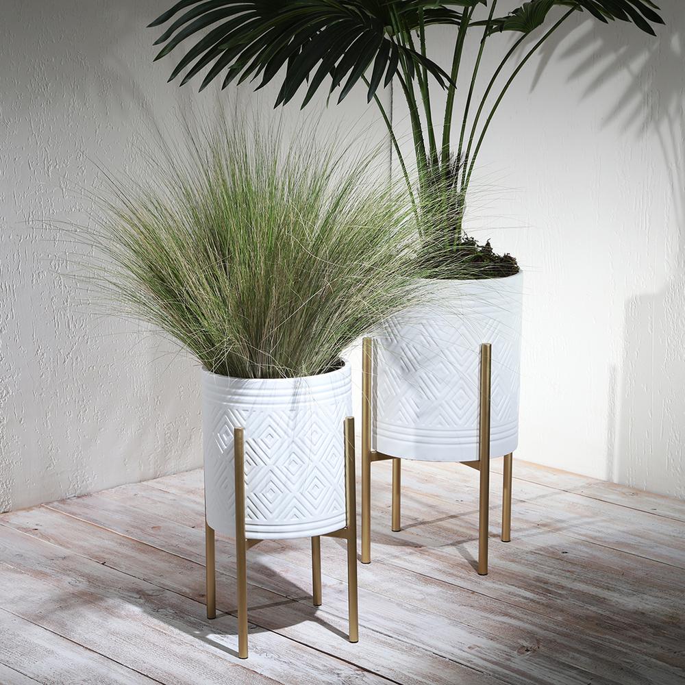 S/2 Aztec Planter On Metal Stand, White/gold. Picture 8
