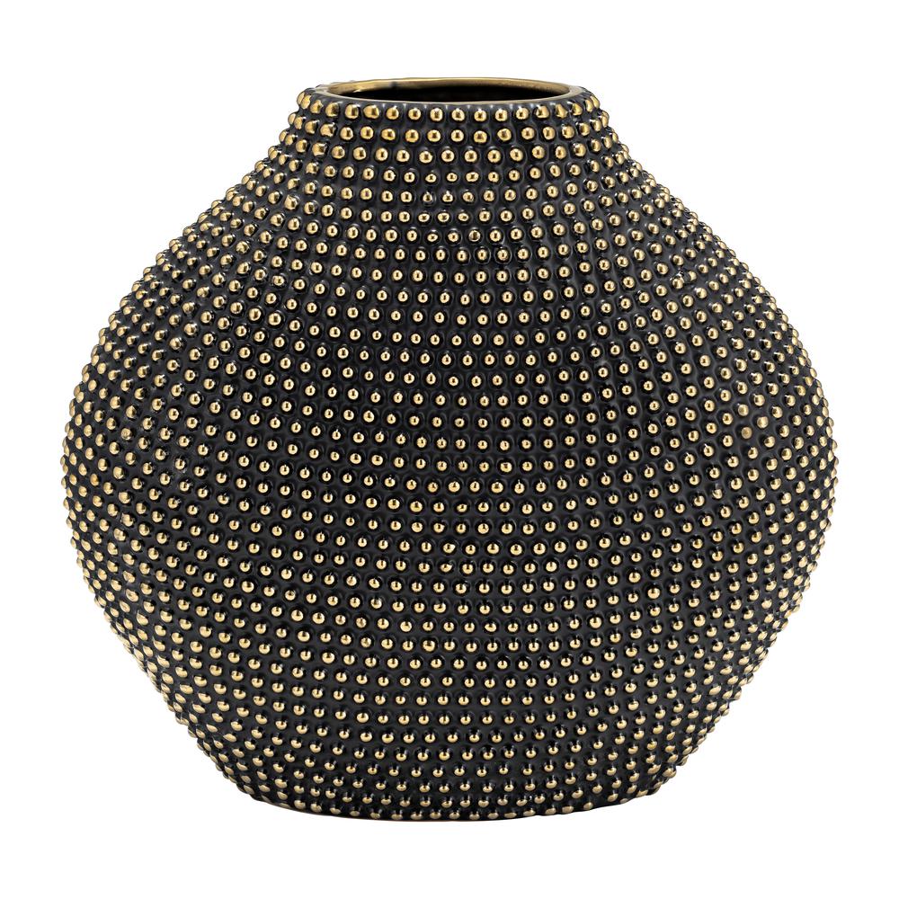 Ceramic 16" Beaded Vase, Black/gold. Picture 1