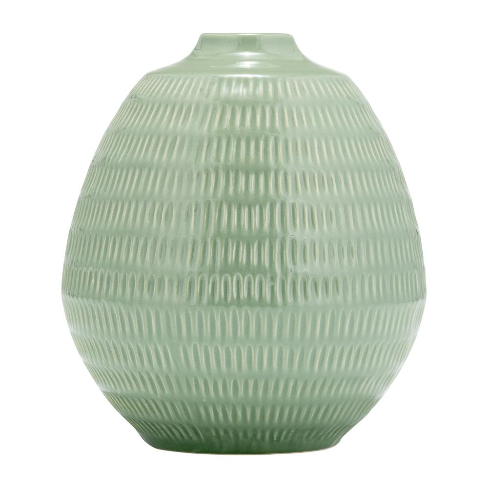 Cer,7",stripe Oval Vase,dark Sage. Picture 1