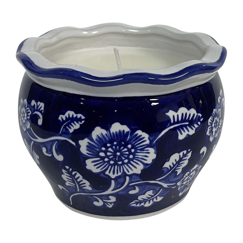 4", 7oz Round Chinoiserie Candle , Blue/white. Picture 1