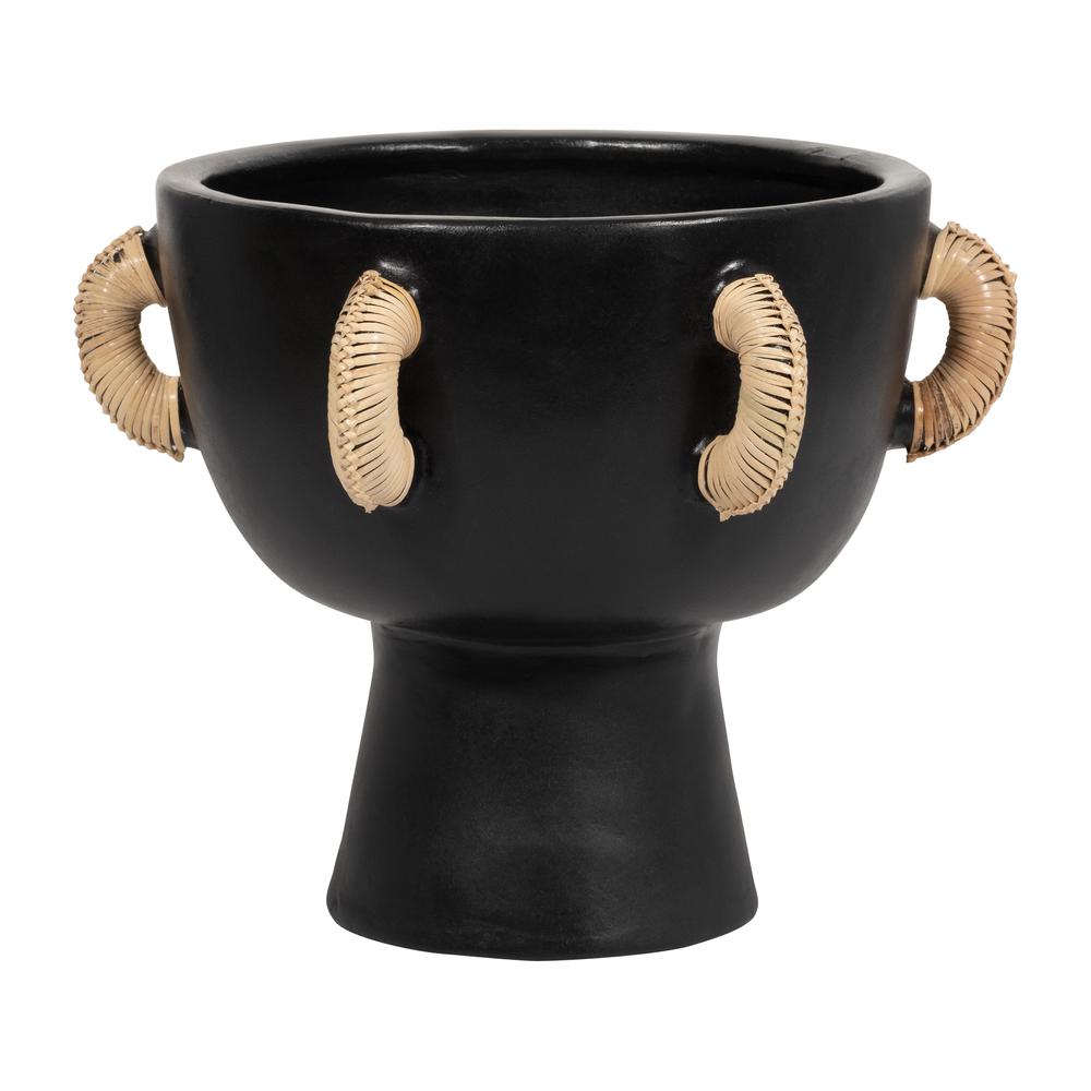 Terracotta, 11"h Eared Bowl On Stand Vase, Black. Picture 1