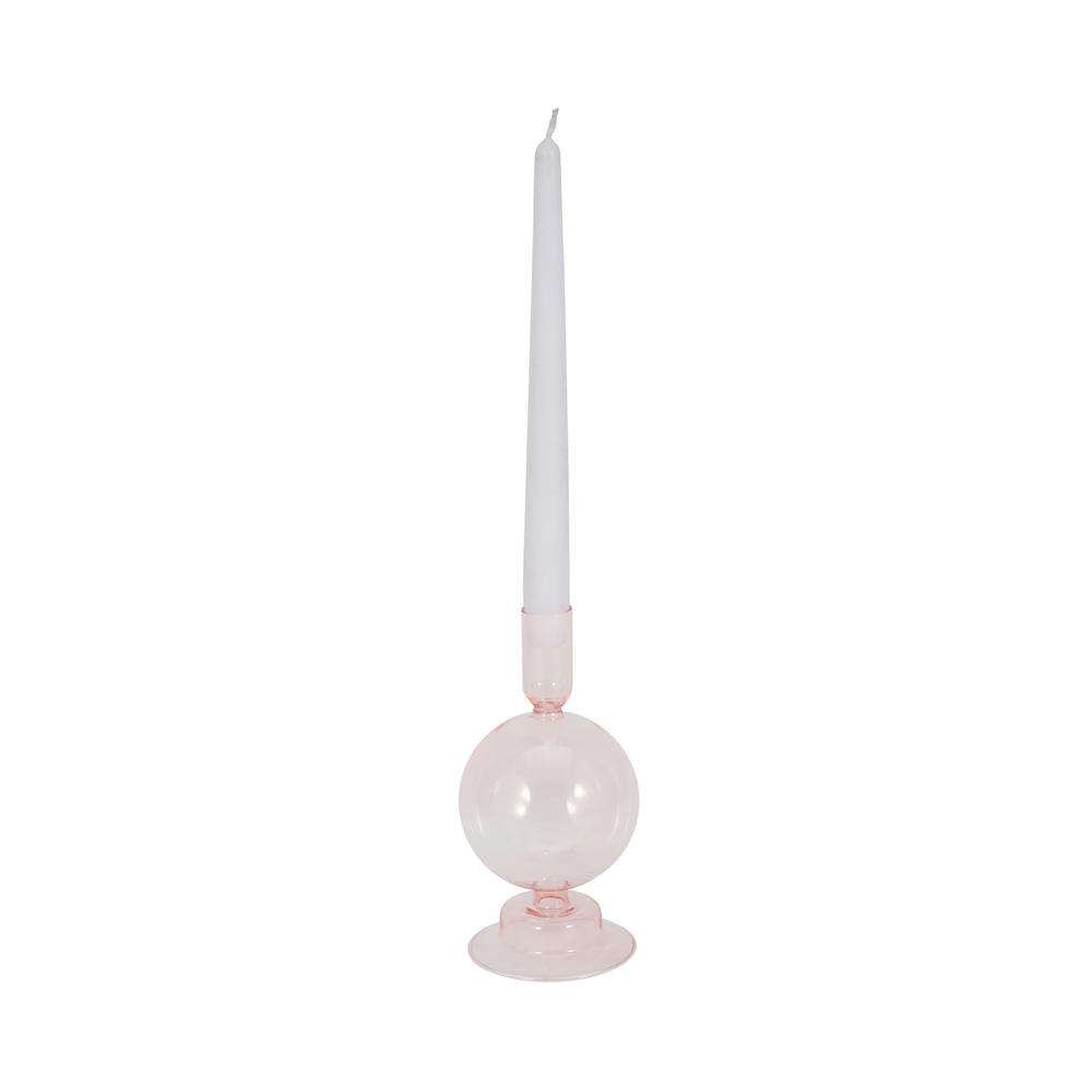 7" Glass Bubble Taper Candle Holder, Pink. Picture 2