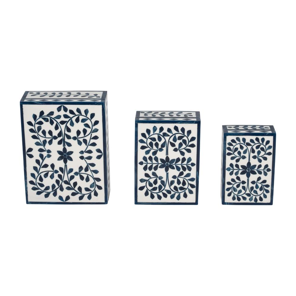 Resin, S/3 6/7/9" Blue Petals Boxes, White/blue. Picture 5