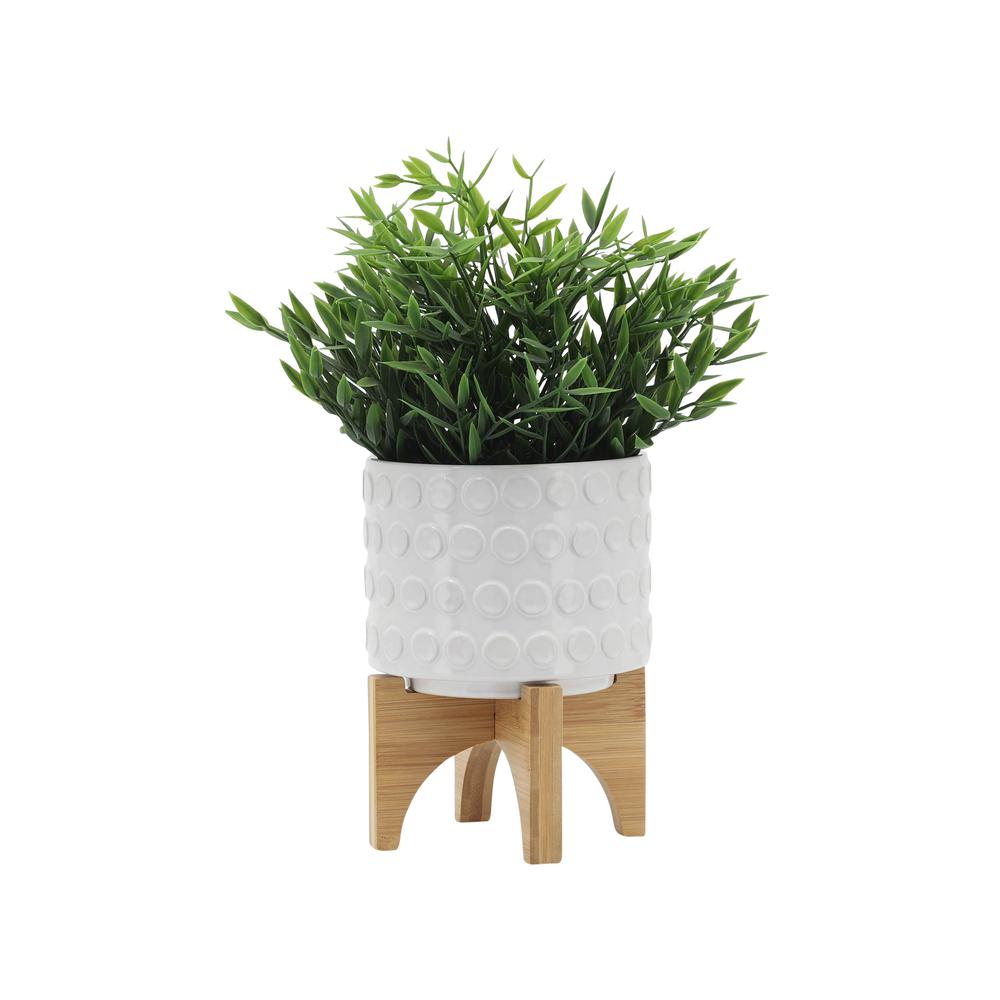 Ceramic 5" Planter On Wooden Stand, White. Picture 3