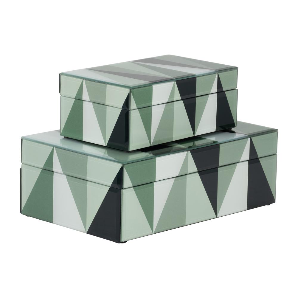Glass, S/2 8/11" Triangles Boxes, Green/white. Picture 6
