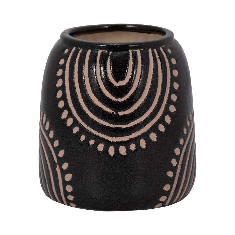 Cer, 6" Tribal Arch Vase, Black/tan. Picture 1