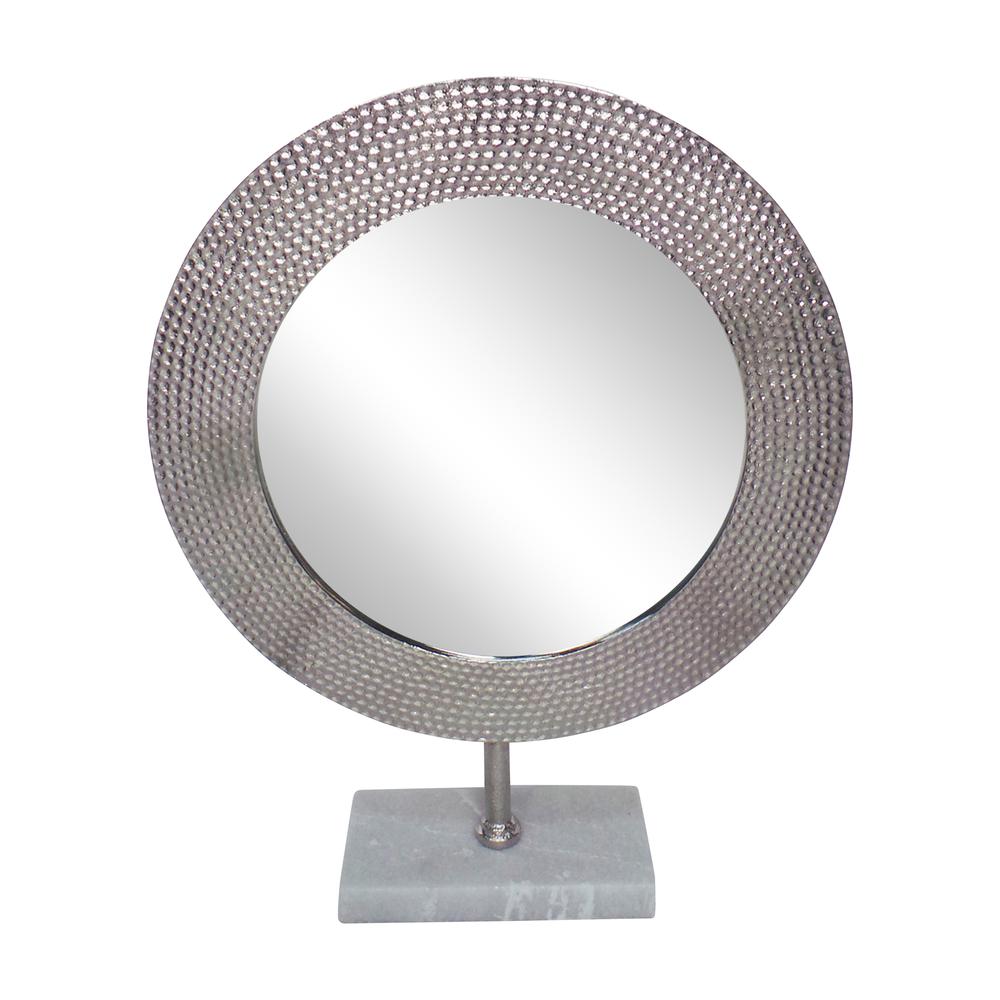Metal 21" Hammered Mirror On Stand, Silver. Picture 1