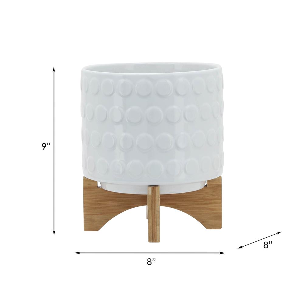 Ceramic 8" Planter On Wooden Stand, White. Picture 8