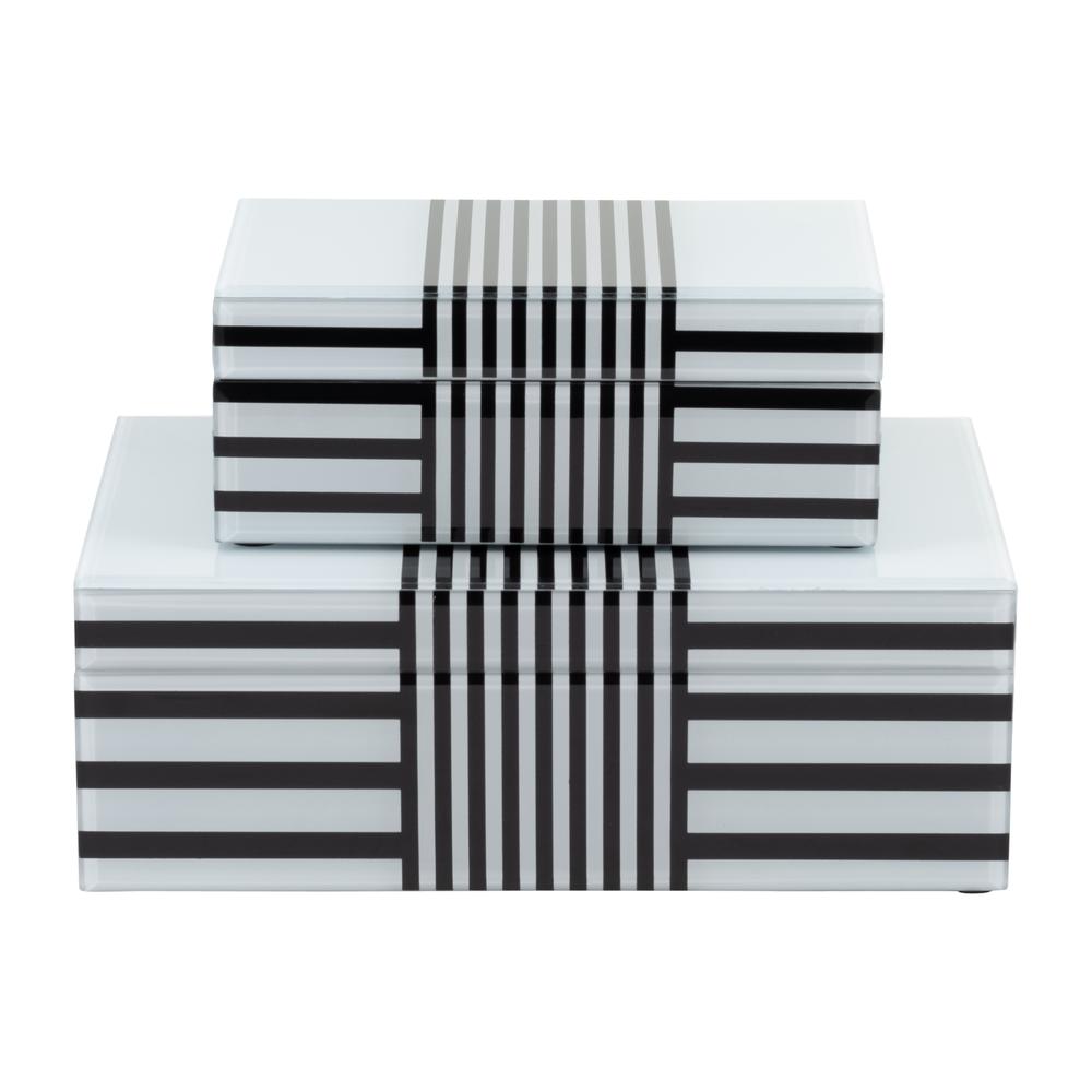 Wood, S/2 8/11" Striped Boxes, Black/white. Picture 3