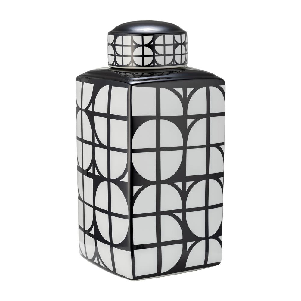 Cer, 18"h Square Jar W/ Lid, Black/white. Picture 2