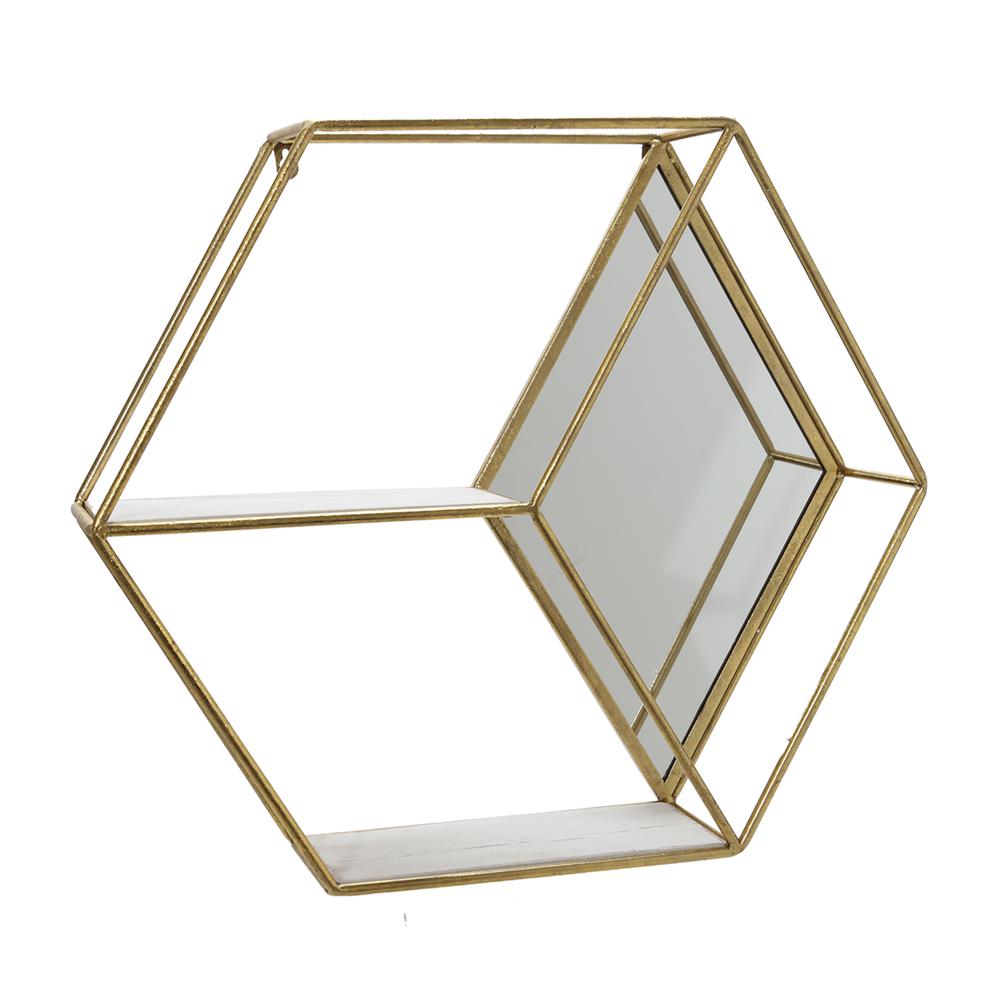 Metal/wood 20" Hexagon Mirrored Wall Shelf, Gold. Picture 1