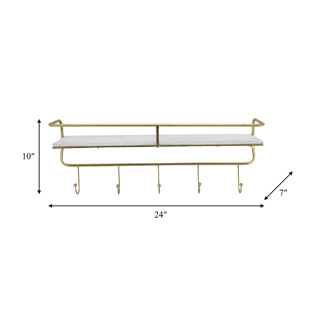 Metal/wood, 24" 5  Hook Wall Shelf, White/gold. Picture 2