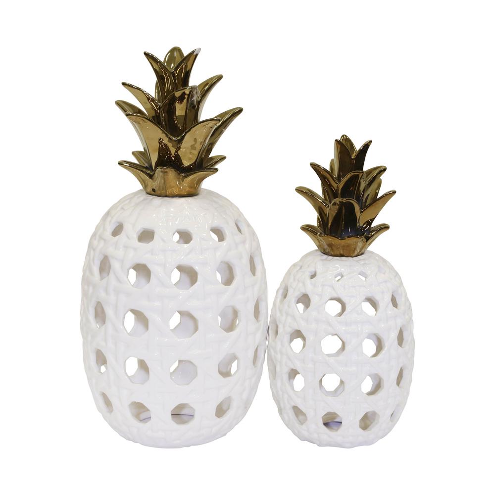 Ceramic 16" Lattice Weave Pineapple, White / Gold. Picture 2