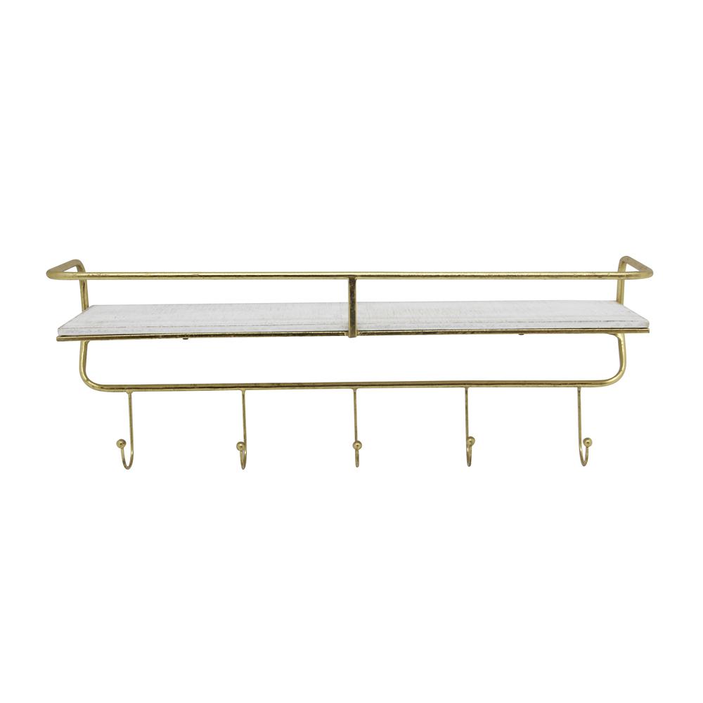 Metal/wood, 24" 5  Hook Wall Shelf, White/gold. Picture 1