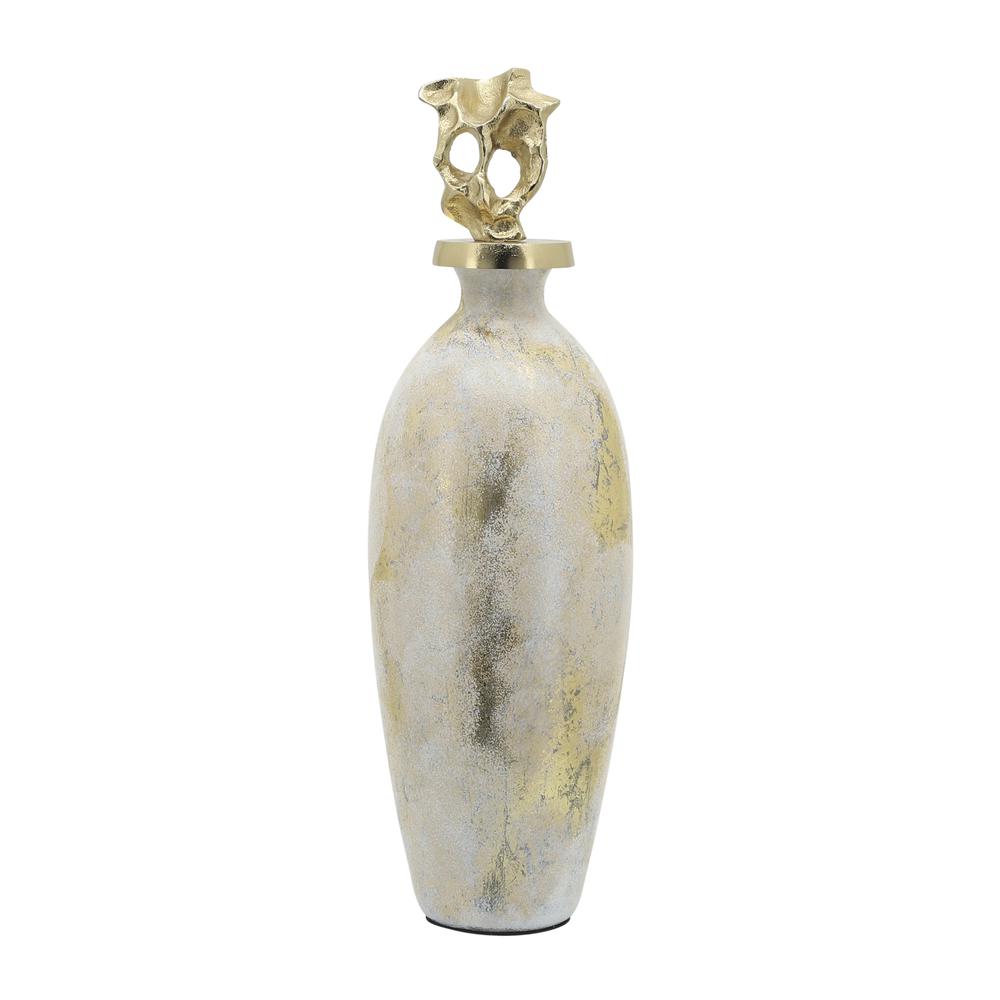 Glass, 23"h Metal Vase Tribal Topper,  White/gold. Picture 2