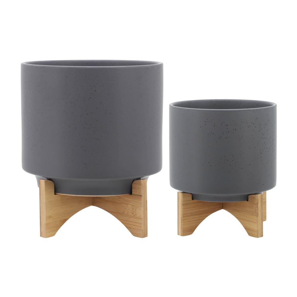 S/2 8/10" Planter W/ Wood Stand, Matte Gray. Picture 1