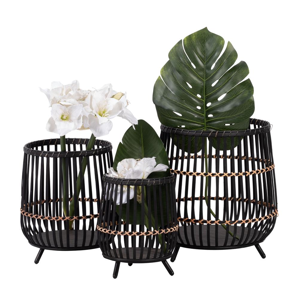 S/3 Bamboo Footed Planters 17/14/10", Black. Picture 3