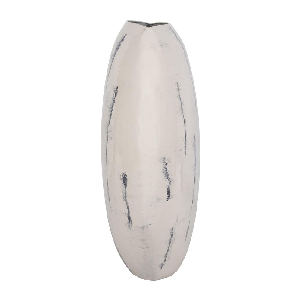 Metal, 33" Enameled Round Vase, Distressed White. Picture 3