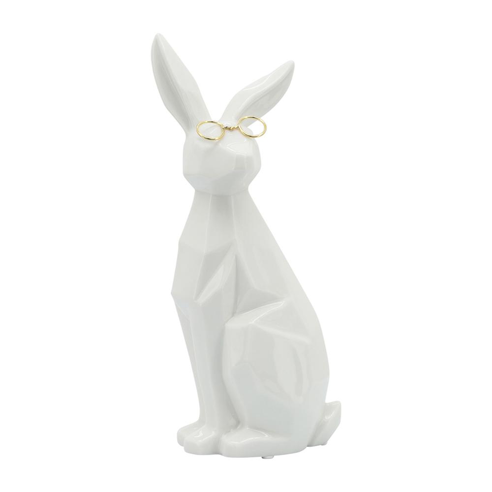 Cer, 11"h Sideview Bunny W/ Glasses, White/gold. Picture 1