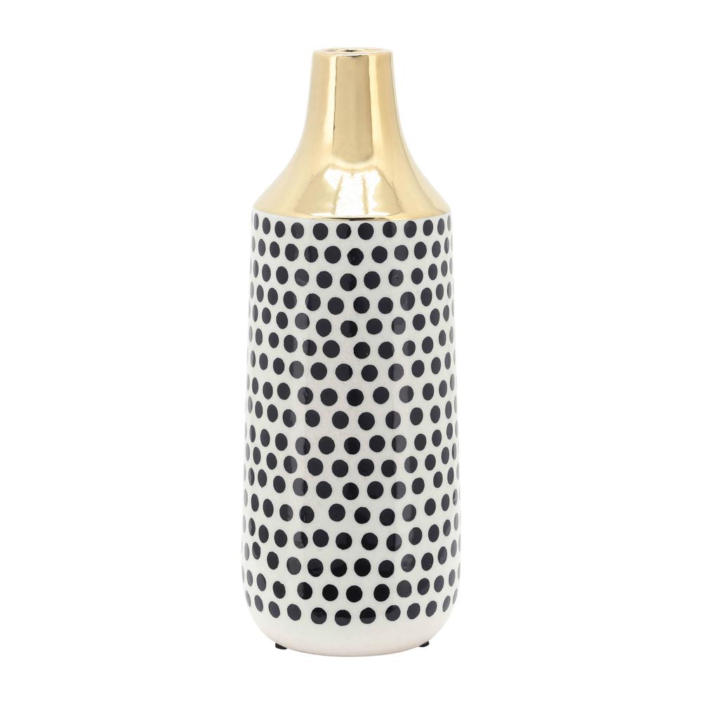 Cer, 16"h Polka Dots Vase, Gold/white. Picture 2