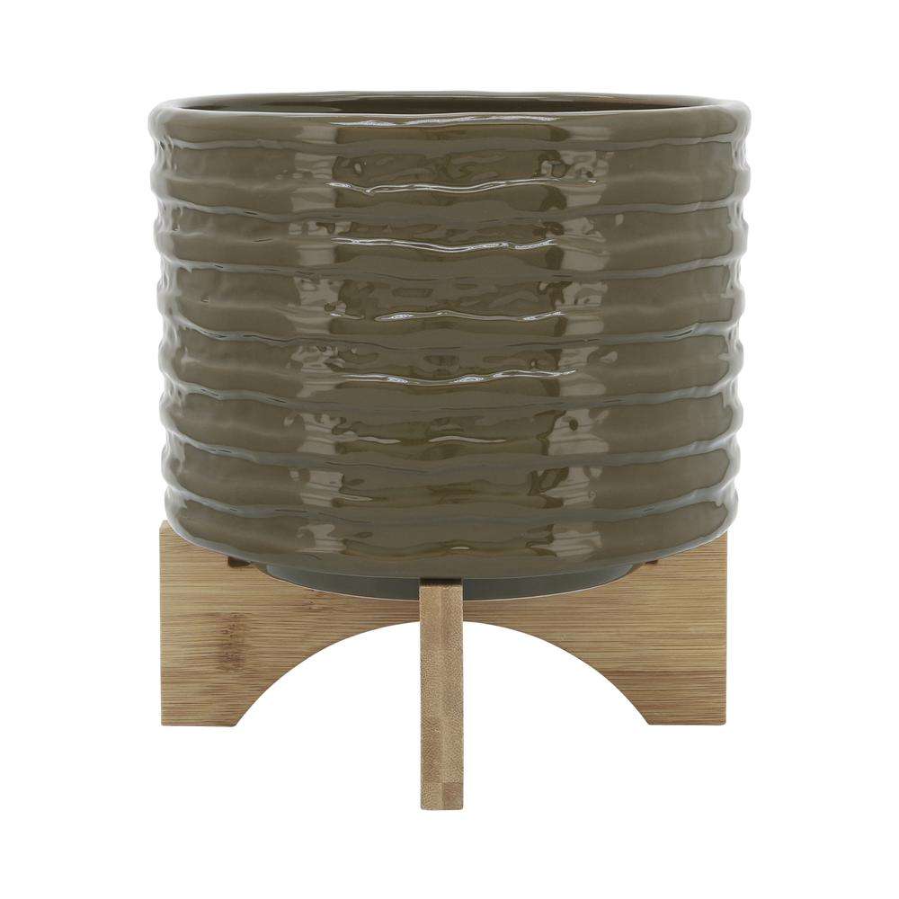 Cer, 8" Textured Planter W/ Stand, Olive. Picture 1