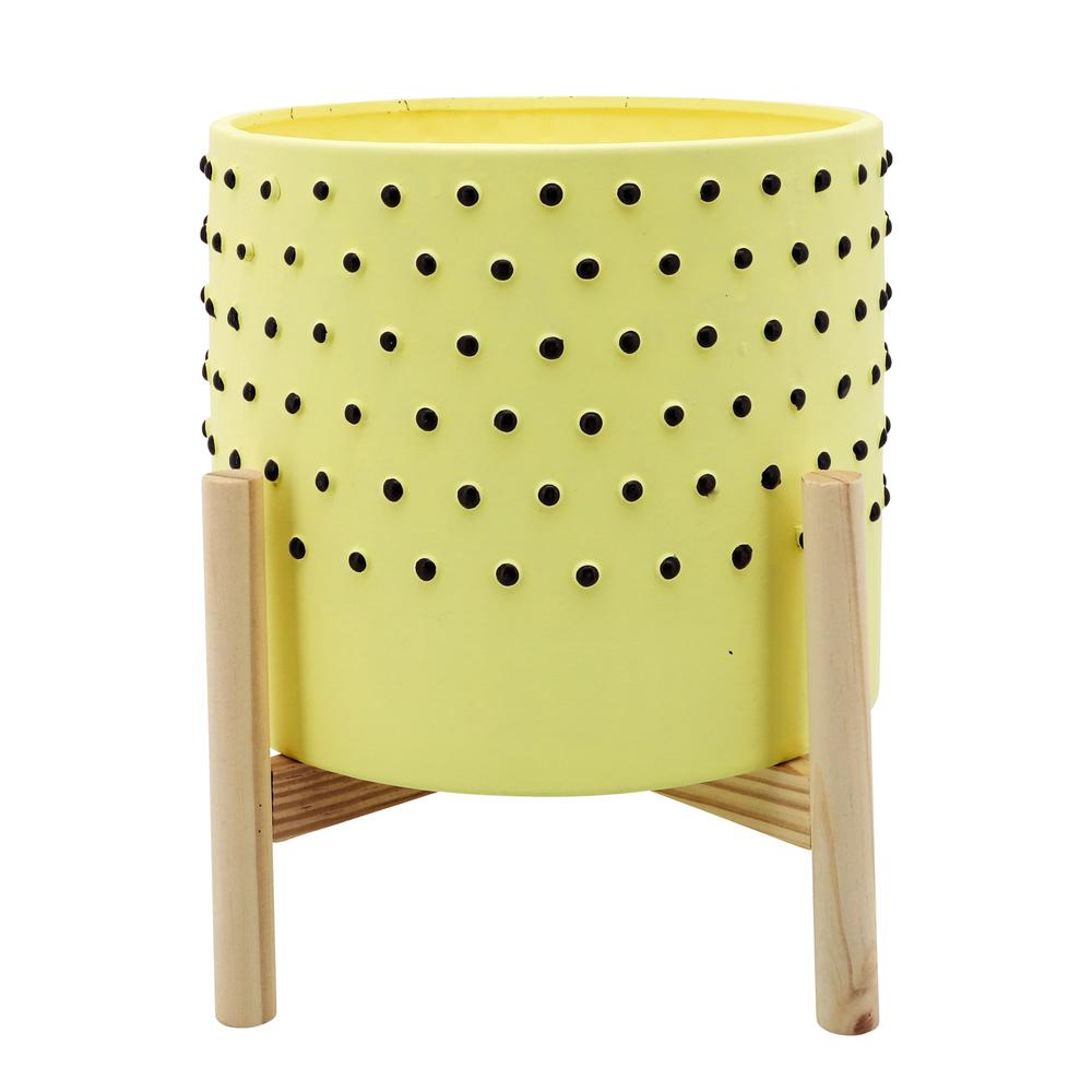 10" Dotted Planter W/ Wood Stand, Yellow. Picture 1