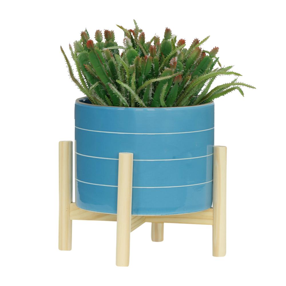 8" Striped Planter W/ Wood Stand, Skyblue. Picture 4