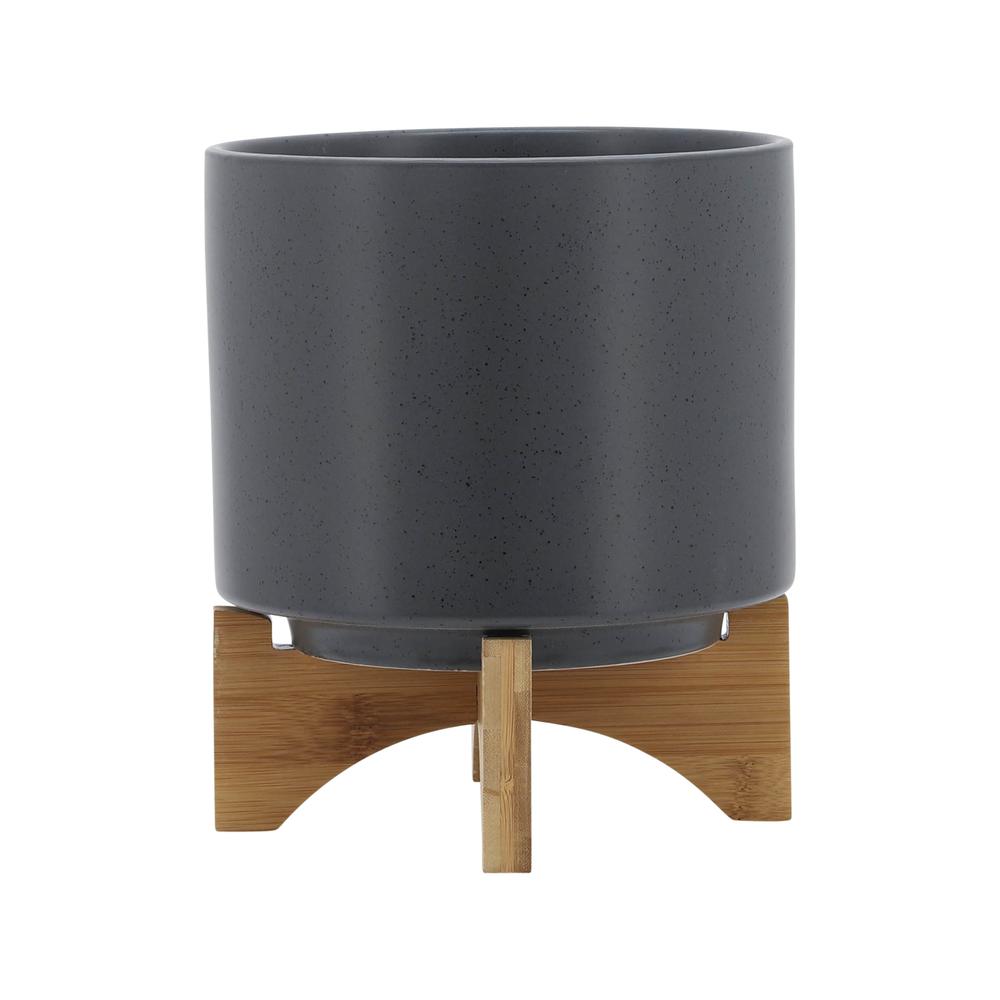 8" Planter W/ Wood Stand, Matte Gray. Picture 2